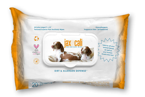 JAX & CALI Pet Wipes, Natural Textured Paw and Body Wipes, Hypoallergenic, pH Balanced, Vitamins B3 & E, Soothing Aloe, No Fragrance, Holistic, Cruelty Free, Dogs & Cats, Extra Large 8"x10", 20 Wipes