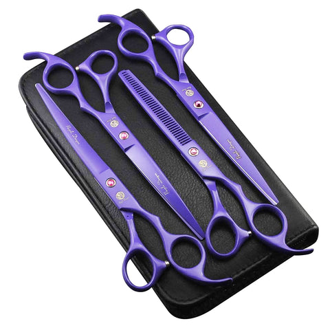 Purple Dragon Professional 7.0 inch 4PCS Pet Grooming Scissors Kit Japan Premium Steel Straight & Curved & Thinning Blade Dog Hair Cutting Shears Set with Case Violet