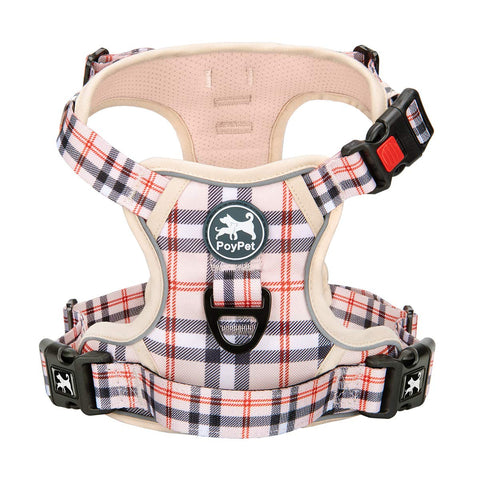 PoyPet Plaid Dog Harness, No Pull Front Clip Pet Vest Harness, Soft Padded Reflective Adjustable Walking Harness with Handle for Large Medium Small Dogs(Checkered Beige,L) L Checkered Beige