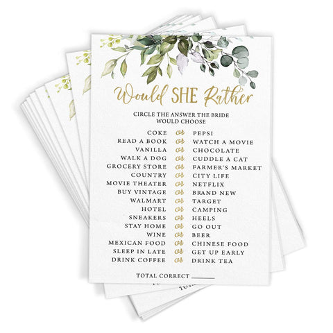 Printed Party Bridal Shower Game, Would She Rather, Greenery, 50 Cards