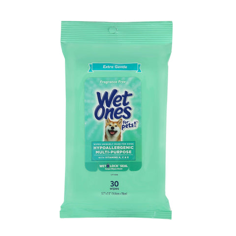 Wet Ones for Pets Hypoallergenic Multi-Purpose Dog Wipes with Vitamins A, C & E | Fragrance-Free Hypoallergenic Dog Wipes for All Dogs Wipes with Wet Lock Seal | 30 Count Pouch Dog Wipes