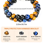 SIBOST Triple Protection Bracelet,Tiger's Eye,Obsidian,Hematite for Women Men, 8mm Handmade Crystal Healing bracelet Bring Luck,Prosperity and Happiness Blue