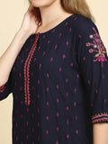 anubhutee Navy Blue Floral Embroidered Kurta Pants Suit Set for Women L