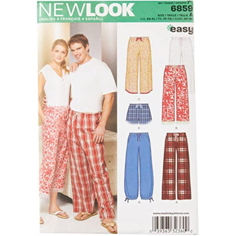 Simplicity U06859A New Look Sewing Misses' and Mens' Pajama Pants and Shorts Sewing Pattern Kit, Code 6859, Sizes XS-XL