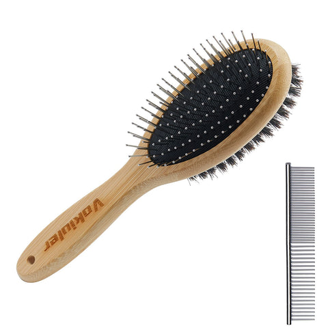 Dog Brush Cat Brush, Vokiuler Double Sided Bristle and Pin Pet Brush for Dog Grooming, Real Boar Bristle Shedding Brush with Bamboo Handle for Long Short Hair, 2 Pack Dog Comb, Black M