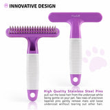 Poodle Pet Dog Grooming Rake| Dematting Tool with Stainless Steel Shedding Comb for Pets | 2 Rows of Pins Gently Remove Loose or Tangled Hair from Undercoat | Purple Handle