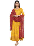 KIPEK Women's Rayon Round Neck Anarkali Kurta with Dupatta in Mustrad Yellow Color Latest Kurti Designed for Casual Function wear Comfy and Smooth in Any Occasions