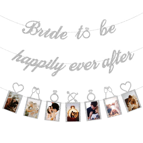 Concico Bridal Shower Decorations - Bride to be happily ever after Banner and Photo Banner for Bridal Shower/Wedding/Engagement Party Kit Supplies Decorations decor(Silver)