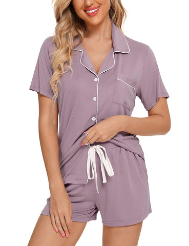 Senert Pajamas Set For Women Short Sleeve Sleepwear Soft Button Down Pjs Set Nightwear Lounge Sets S-XXL B - Violet(with Shorts Pockets) XX-Large