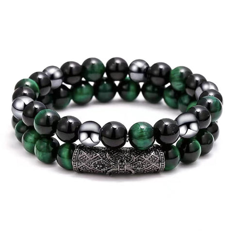 2Pcs Triple Protection Bracelet,Natural Tigers Eye Black Obsidian and Hematite 8 MM Beads Bracelet for Men Women Gift, Healing Crystal Bracelet Bring Luck and Prosperity and Happiness (Green) Green