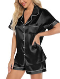 Leikar Womens Silk Satin Pajamas Shorts Set Bride Pajamas Button Down Pjs Loungewear Set S-XXL Black Large