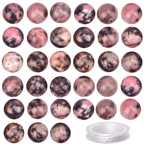 100Pcs Natural Crystal Beads Stone Gemstone Round Loose Energy Healing Beads with Free Crystal Stretch Cord for Jewelry Making (Pink Black Rhodonite, 6MM) Pink Black Rhodonite