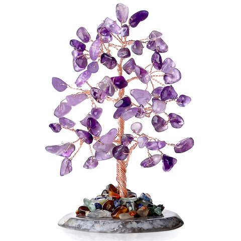 Amethyst Healing Crystal Tree of Life Natural Gemstone Agate Slice Base Copper Wire Wrapped Money Trees Feng Shui Reiki Spiritual Energy Decorations Home Office Room Desk Decor Gifts for Women Men Purple-amethyst