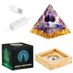 Amethyst Crystals Healing Orgone Pyramid Valentines Day Gifts For Women, Amethyst Sphere Tree Of Life Crystal Pyramid with Wood Light Display Base Orgonite Pyramids for Positive Energy Amethyst+Base