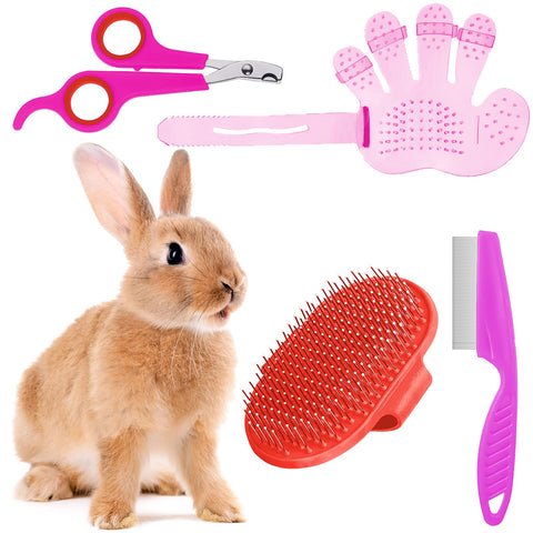 4 Pieces Bunny Grooming Kit with Bunny Grooming Brush, Pet Hair Remover, Pet Nail Clipper, Pet Comb, Pet Shampoo Bath Brush with Adjustable Ring Handle for Bunny, Hamster, Bunny (vPink, Red)