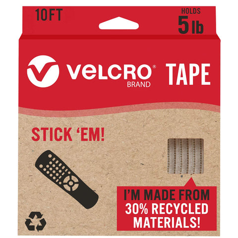 VELCRO Brand ECO Collection Stick On Adhesive Tape 10ft x 7/8in, Cut Strips to Length, Sustainable 30% Recycled Material, White Stick 'Em!