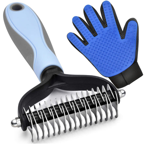 GOESWELL Pet Grooming Brush Double-Sided Undercoat Rake for Dogs & Cats - Shedding and Dematting Comb for Dogs &Gentle Deshedding Brush Glove Grooming kit (Blue 2 Pack) Blue(2 Pack)