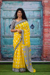JALTHER Handicrafts Women's Ikat Hand Block Print Jaipuri Cotton Mulmul Saree with Blouse Piece