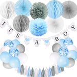 Baby Shower Decorations for Boy, It’s A Boy Banner with Paper Fan Tissue Pompoms Honeycomb Ball Party Balloons Foil Tassel, Blue and Grey It’s A boy Baby Shower Decorations