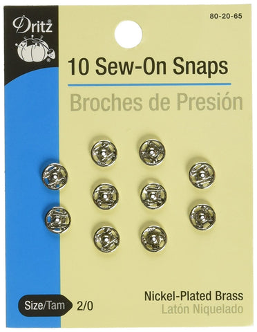Dritz 80-20-65 Sew-On Snaps, Nickel-Plated Brass, Size 2/0 10-Count