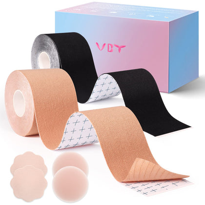 VBT 2 Pack Boob Tape - Breast Lift Tape, Body Tape for Breast Lift w 2 Pcs Silicone Breast Reusable Adhesive Bra& 2 Pcs Fabric Nipple Covers, Bob Tape for Large Breasts A-G Cup, Black&Nude Nude&black 2 inch
