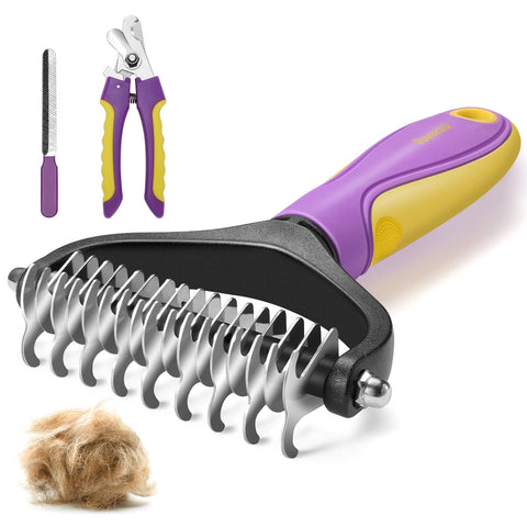 Faveetie Pet Grooming Brush - Double Sided Shedding Dematting Undercoat Rake Comb - Deshedding Brush for Dogs and Cats, Mats & Tangles Removing, Pet Nail Clippers Grooming Tool 3 PCS kit, Extra Wide