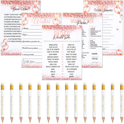 220 Pieces Bridal Shower Games Supplies, 5 Sets (40 Cards Each) Wedding Games Cards and 20 Pieces Pencils Printed Words Editable Bride and Groom Supplies for Wedding Shower Party(Pink Balloon) Pink Balloon