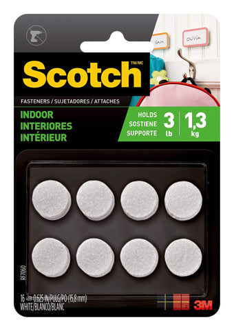 Scotch Multi-Purpose Hook and Loop Fasteners, 5/8 in x 5/8 in, Circles, 16 Sets, White, For Indoor Use, Holds up to 3 lbs/1 lb per 1 in 0.625" Round