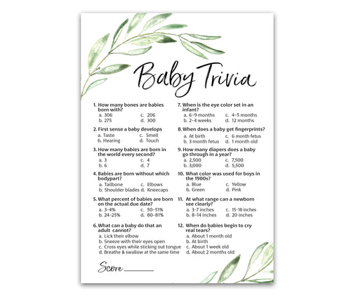 GREENERY Baby Shower Game — BABY TRIVIA Games — Pack of 25 — Fun Baby Facts Games, Floral, Green, Olive Branch Trivia Baby Shower Activity, Greenery, Rustic Gender Neutral Baby Shower Games, G320-TRV