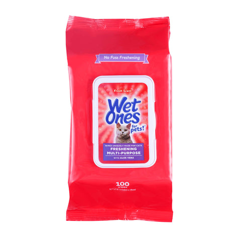 Wet Ones for Pets Freshening Multipurpose Wipes for Cats with Aloe Vera | Easy to Use Cat Cleaning Wipes, Freshening Cat Grooming Wipes for Pet Grooming in Fresh Scent| 100 ct Pouch Cat Wipes 100 Count