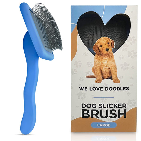 We Love Doodles Dog Slicker Brush - Dog Doodle Brush for Grooming Pet Hair Dog Brush - Poodle Brush for Shedding Medium & Long Haired Dogs Slicker Brush - Goldendoodle Long Pin Brush for Dogs (Large) Large