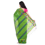 WoodenTant women’s handloom cotton saree in Green with multicolor designer Leaf in pallu