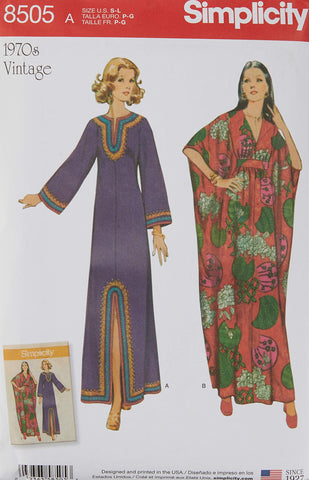 Simplicity US8505A 1970's Vintage Fashion Women's Ankle Length Caftan Sewing Pattern Kit, Code 8505, Sizes 10-20