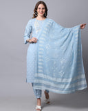 Rajnandini Women's Sky Blue Pure Cambric Cotton Jaipuri Printed & Embroidered Kurta Set With Dupatta (JOPLJPR824-P)