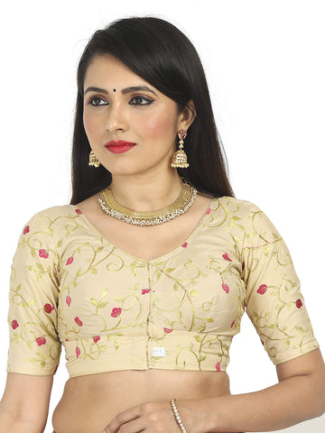 JISB Women's Silk Cotton Stitched All Over embrodered Saree Blouse with Short Sleeve