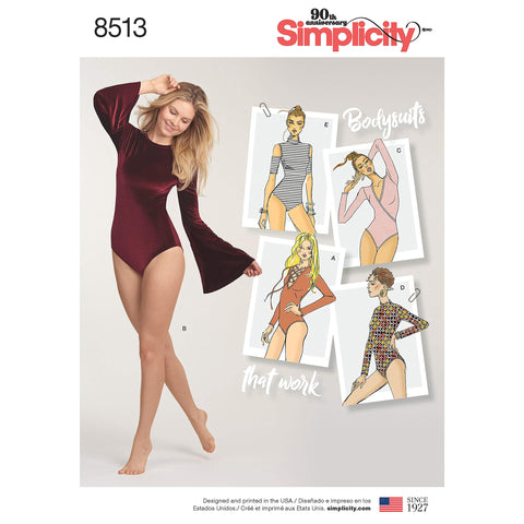 Simplicity US8513A Misses' Long Sleeve Bodysuit Sewing Pattern Kit, Code 8513, Sizes XS-XL
