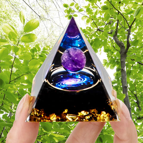 MXiiXM Orgone Pyramid for Positive Energy, Handmade Pyramid Amethyst & Obsidian Healing Crystal Pyramids for Stress Reduce Healing Meditation Attract Wealth Lucky (Galaxy) Galaxy