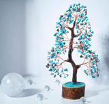 Crocon Turquoise Gemstone Tree Feng Shui Figurine Money Bonsai Good Luck Chakra Balancing Reiki Healing Crystals Decoration Ornament Sculpture Prosperity Table Decor Gift Size 10-12" Turquoise (Copper Wire)
