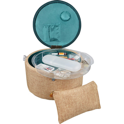 SINGER Large Premium Round Sewing Basket Burlap Fabric with Emergency Travel Sewing Kit & Matching Zipper Pouch