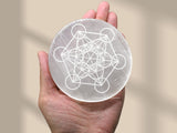 Selenite Crystal Charging Plate For Crystals And Healing Stones, 4.5" Selenite Crystal Plate Engraved Metatron Cube Coaster For Home Office Table Decor (Selenite Round Disc)