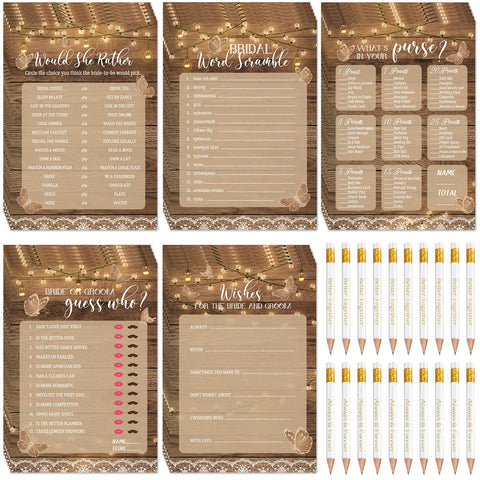 Outus 220 Pieces Bridal Shower Game Set Wedding Games Cards Eucalyptus Lemon Theme Bridal Game Supplies and Pencils Activity Accessories for Bride Groom Bachelorette Party Wedding (Rustic Wood Style) Rustic Wood Style