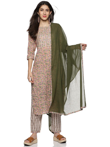 RAJMANDIRFABRICS Women's Pure Cotton Embellished & Floral Printed Straight Kurta Pant With Dupatta Set