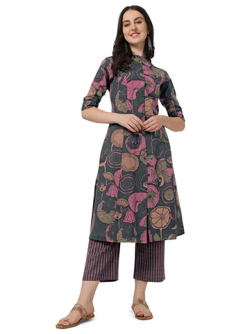 MIRCHI FASHION Women's Cotton Bagru Printed A-Line Kurta Set with Plazzo Pant L Grey, Pink