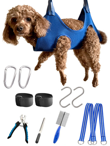 Kkiimatt 10 in 1 Pet Dog Grooming Hammock Harness with Nail Clippers/Trimmer, Cat&Dog Nail Clipper Hammock, Cat&Dog Grooming Sling for Small Animals Nail Trimming/Clipping (XXS/Under 10lb, Blue) XS/under 15lb
