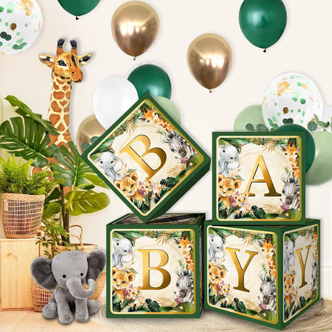 Ola Memoirs Safari Baby Shower Decorations Letter Boxes Blocks Jungle King Theme Lush Green Party Decor for Boy Girl Tropical Neutral Gender Reveal Wild One Animals Themed Lion Birthday Decoration