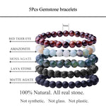 WRCXSTONE Natural 8mm Gorgeous Semi-Precious Gemstones Healing Crystal Stretch Beaded Bracelet Unisex 5 Pieces A Set (5 Colors)