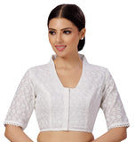 Studio Shringaar Women's Cotton Elbow Length Sleeves Chikankari Saree Blouse with Glass Neck