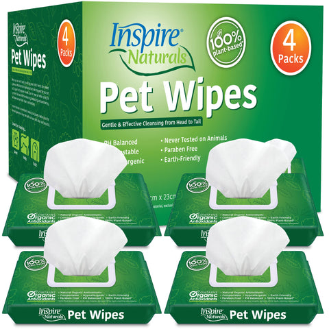 Inspire Naturals Pet Wipes 100% Natural Plant Based with Organic Antioxidants, Dog Wipes Cleaning Deodorizing Cat Wipes | Dog Bath Dog Ear Wipes | Dog Wipes for Paws and Butt (200ct - 4 Pack) 200ct - 4 pack