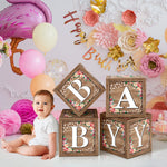 Floral Baby Shower Box Birthday Party Decoration Balloon Blocks First Birthday Centerpiece Decor for Girls Wood Grain Base Gender Reveal Party Supplies (Floral-Box-01) Floral-Box-01