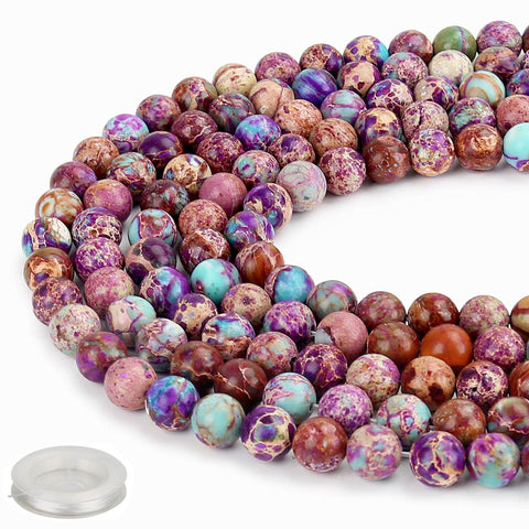 70PCS Natural 8MM Healing Gemstone Colorful Imperial Jasper Energy Stone Round Loose Beads, Semi-Precious Crystal Beads with Free Elastic String for Jewelry Making DIY